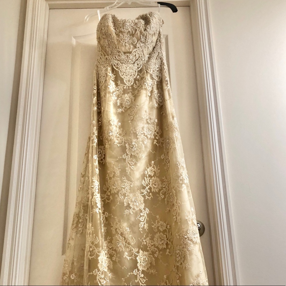 Champagne beaded and lace evening gown dress